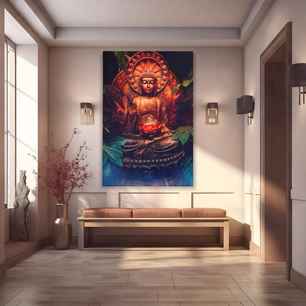Tablou canvas cu tablou canvas cu statuie buddha in meditatie, fara rama, pe sasiu de lemn
